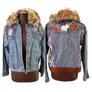 Y2K Embellished Denim Jeans Jacket Size Large Studded Peace Punk Grunge Hippie
